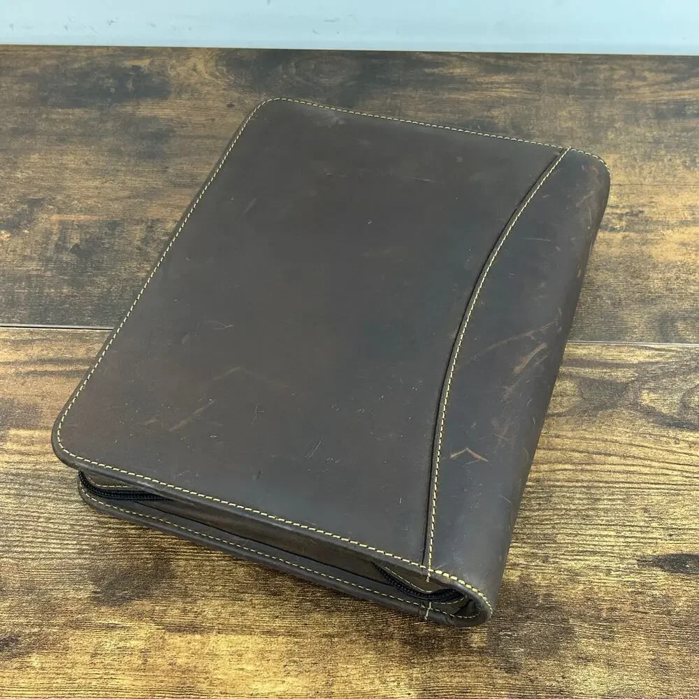 Vintage Franklin Covey 7 Ring Full Grain Leather Classic Brown Zip Planner USA